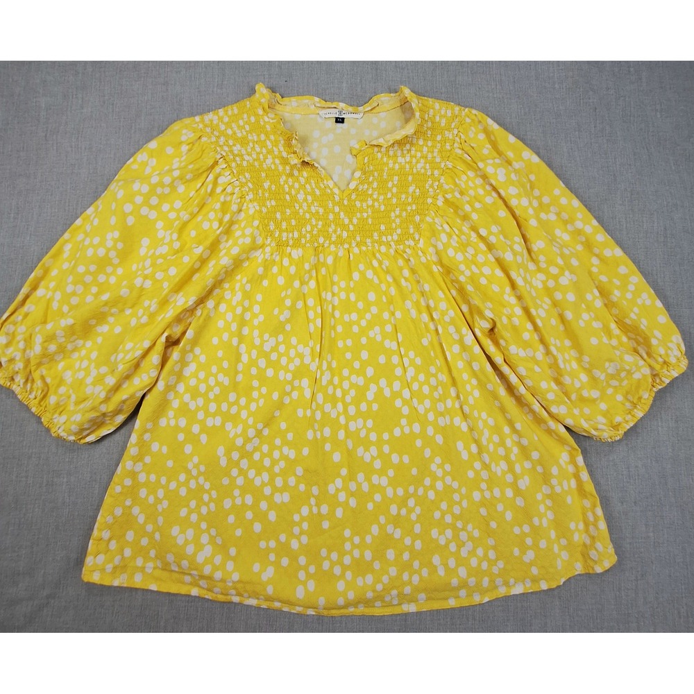 Michelle McDowell Yellow Polka Dot Smocked Puff Sleeve Blouse XL Dobby V-Neck